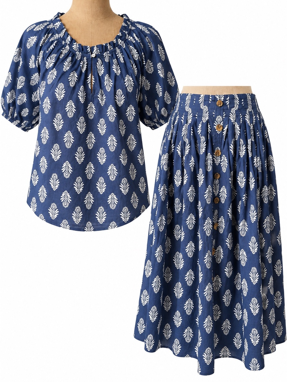 J.Crew 2PC Skirt Blouse Set Blue Botanical Print Cotton S